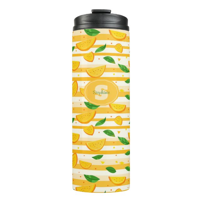 Garrafa Térmica Padrão de Fatia Laranja com Folhas Verdes (Frente)