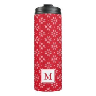 Garrafa Térmica Padrão de Floco de Neve Nórdico Vermelho e Branco