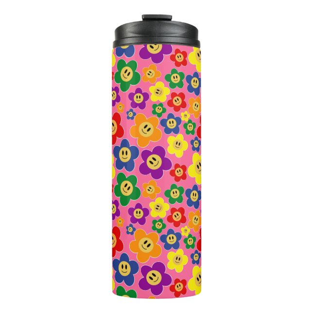 Garrafa Térmica Padrão de Flor de Arco-Íris LGBT Fofo－Rosa (Frente)