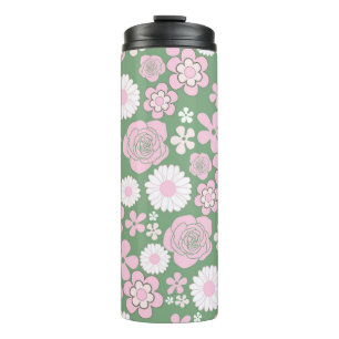 Garrafa Térmica Padrão de Flor Y2K 70s - Cor-de-rosa Verde