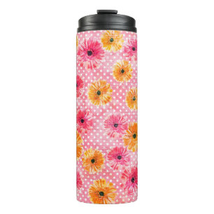 Garrafa Térmica Padrão de flores de cor d'água rosa e gerbera am