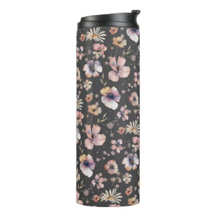 Garrafa Térmica Padrão de Flores Silvestres Rosadas Aquarela Boho