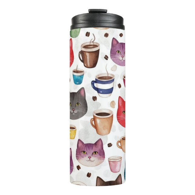 Garrafa Térmica Padrão de Gato Divertido e Café Doodle (Frente)