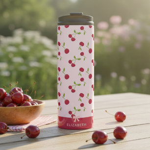Garrafa Térmica Padrão de Impressão de Cereja Fofo Coquette Rosa P