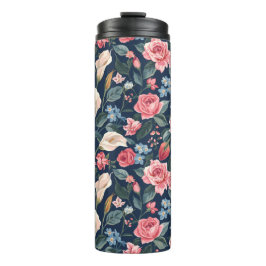 Garrafa Térmica Padrão de Jardim Floral Azul Naval Romântico