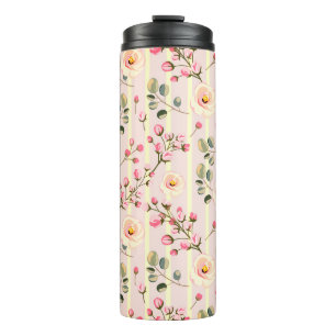 Garrafa Térmica Padrão de Listras Florais Rosa Suave