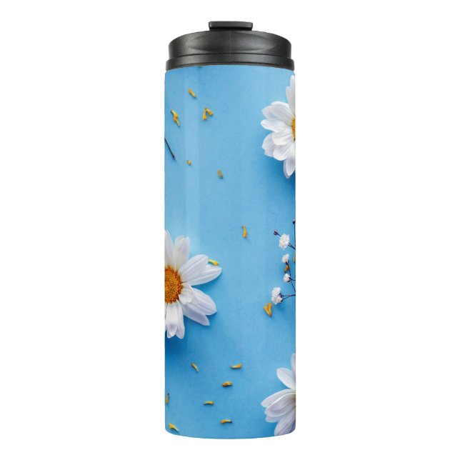 Garrafa Térmica Padrão de margarida floral - Azul claro (Frente)