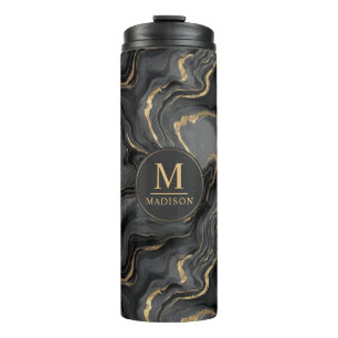 Garrafa Térmica Padrão de Mármore com Brilho Preto e Dourado Cinza