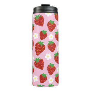 Garrafa Térmica Padrão de Morango Fofo em Fundo Rosa