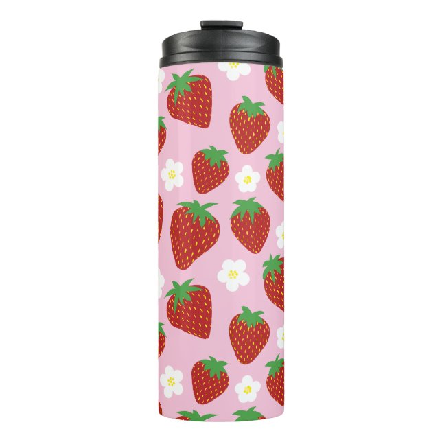 Garrafa Térmica Padrão de Morango Fofo em Fundo Rosa (Frente)