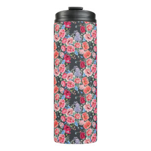 Garrafa Térmica padrão de rosas vermelhas e rosadas em aquarela vi