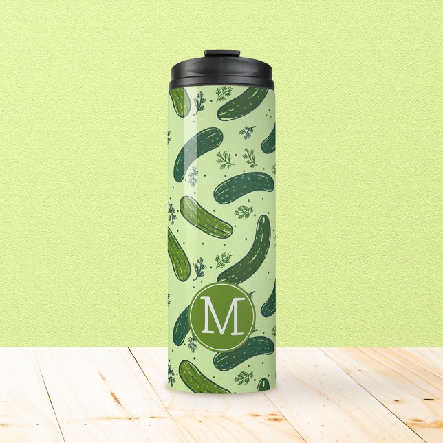 Garrafa Térmica Padrão de Seletor de Dill Desenhado Mão (Dill Pickle Pattern & Monogram Thermal Tumbler)