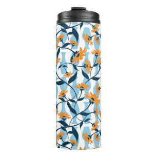 Garrafa Térmica Padrão de vaso azul com videira naval e margarida