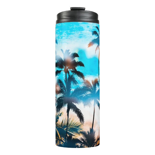 Garrafa Térmica Padrão de verão, árvores tropicais, céu. (Frente)