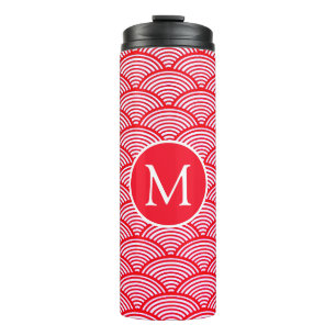 Garrafa Térmica Padrão de vieira com monograma vermelho e branco