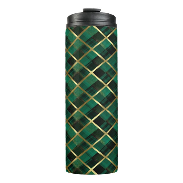Garrafa Térmica Padrão De Xadrez Dourada E Verde De Natal (Frente)