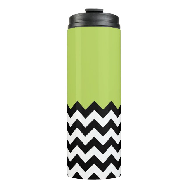 Garrafa Térmica Padrão de ziguezague preto e branco, Chevron, verd (Frente)