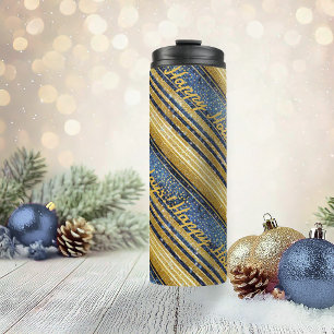 Garrafa Térmica Padrão Dourado de Natal Azul nº 28 ID1009