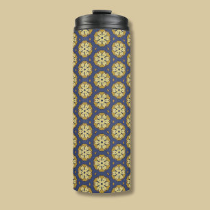 Garrafa Térmica Padrão Dourado e Azul Floral e Teardrop