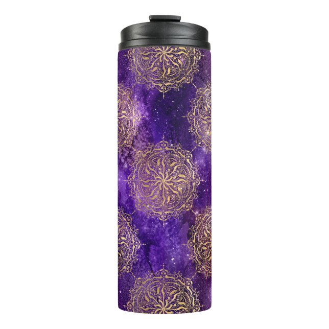 Garrafa Térmica Padrão Dourado e roxo de Galáxia Dharma Mandala (Frente)