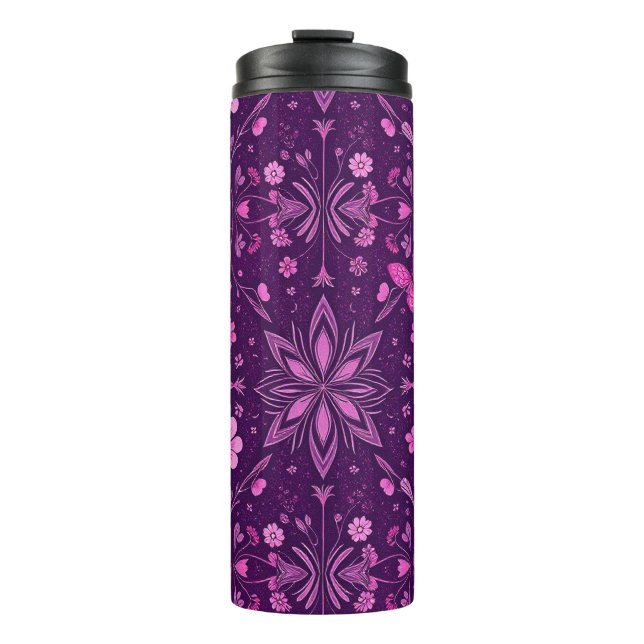 Garrafa Térmica Padrão Flor Bloom Fairycore - Rosa e Roxo (Frente)
