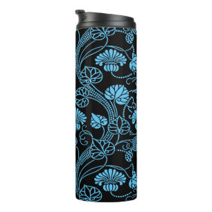 Garrafa Térmica Padrão Floral Antigo Preto no Azul