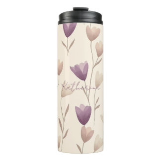 Garrafa Térmica Padrão Floral Bege e Roxo Personalizado
