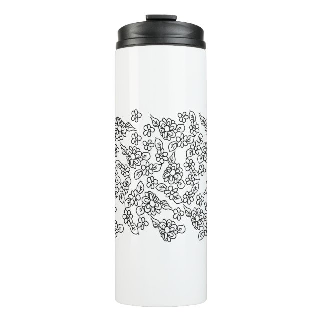 Garrafa Térmica Padrão floral branco e preto (Frente)