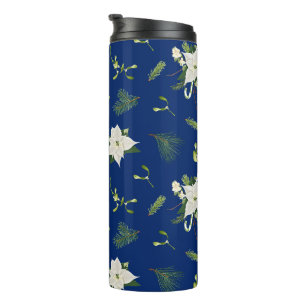 Garrafa Térmica Padrão Floral Branco Verde em Azul Marinho