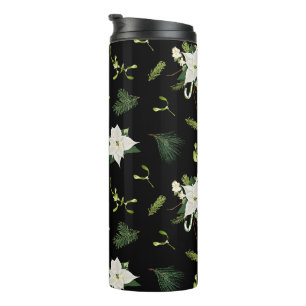 Garrafa Térmica Padrão Floral Branco Verde em Preto