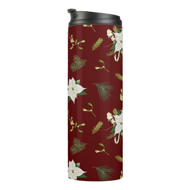 Garrafa Térmica Padrão Floral Branco Verde sobre Marrom (Rotação à direita)