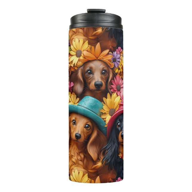 Garrafa Térmica Padrão Floral de Dachshund Sem Costura - Amantes d (Frente)