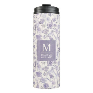 Garrafa Térmica Padrão Floral de Flores de Lavanda Roxo Aquarela