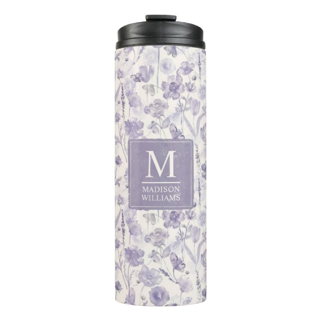 Garrafa Térmica Padrão Floral de Flores de Lavanda Roxo Aquarela (Frente)