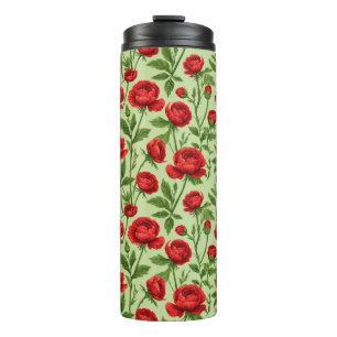 Garrafa Térmica Padrão Floral de Ranúnculo Vermelho Vibrante