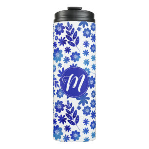 Garrafa Térmica Padrão Floral e Monograma Desenhado à Mão Azul na 