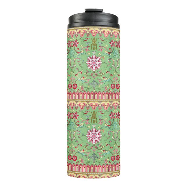 Garrafa Térmica Padrão floral oriental antigo cor-de-rosa verde-am (Frente)