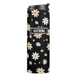 Garrafa Térmica Padrão Floral Retro Daisy Boho Personalizado Preto