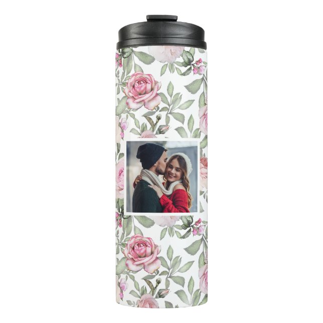 Garrafa Térmica Padrão Floral Rosa com Foto (Frente)