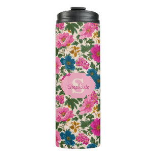 Garrafa Térmica Padrão Floral Rustic Vintage Blue e Pink