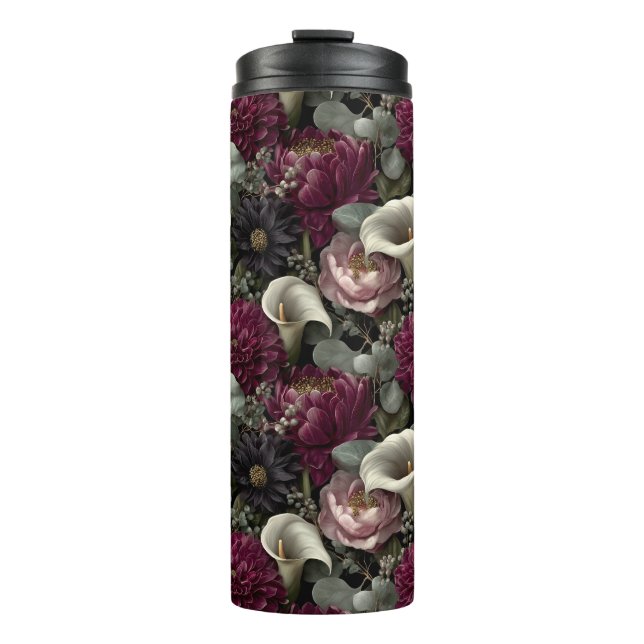 Garrafa Térmica Padrão Floral Temperamental com Dahlia e Copo-de-L (Frente)