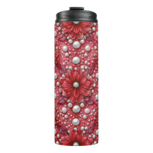 Garrafa Térmica Padrão Floral Vermelho Com Acentos de Pérola