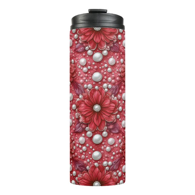 Garrafa Térmica Padrão Floral Vermelho Com Acentos de Pérola (Frente)