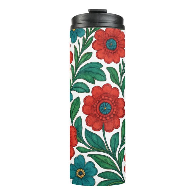 Garrafa Térmica Padrão Floral Vibrante com Flores Vermelhas e Azul (Frente)