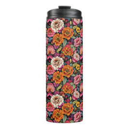 Garrafa Térmica Padrão floral vintage com cores ousadas em preto