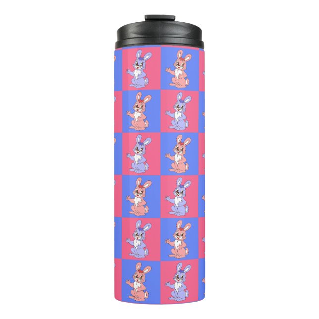 Garrafa Térmica Padrão Geométrico de Coelho Azul Cor-de-Rosa (Frente)