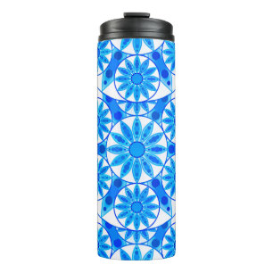 Garrafa Térmica Padrão Mandala, Azul Cobalto, Turquesa e Branco