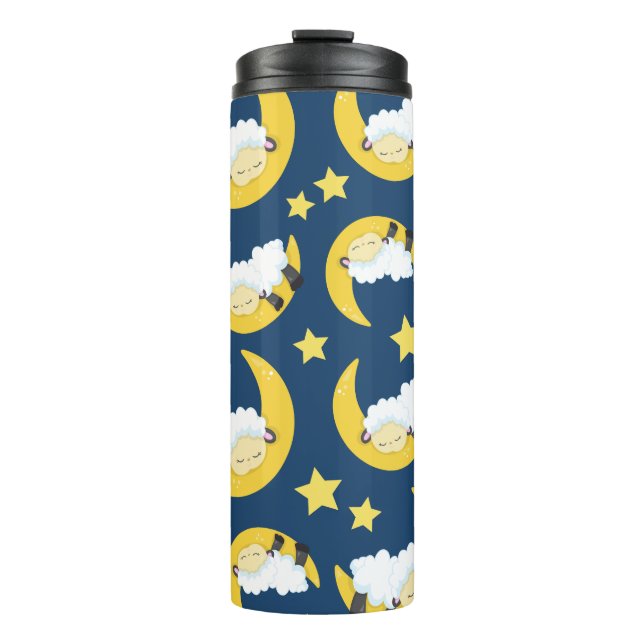 Garrafa Térmica Padrão Ovino, Ovelhas Dormindo, Lua, Estrelas (Frente)