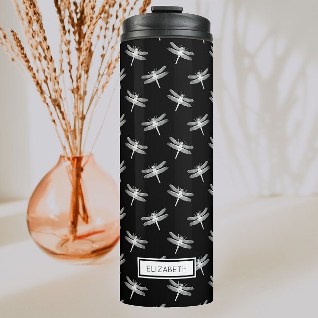 Garrafa Térmica Padrão Personalizado de Libélula Preto e Branco (Criador carregado)