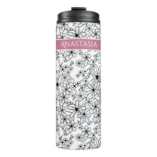 Garrafa Térmica Padrão Preto Branco Floral Desenhado à Mão e Nome
